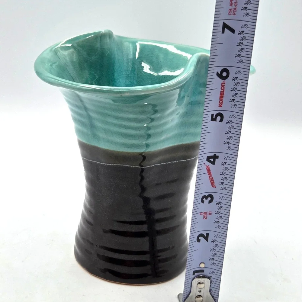 Vintage MCM‎ Pottery Aqua & Brown Stoneware Vase 6